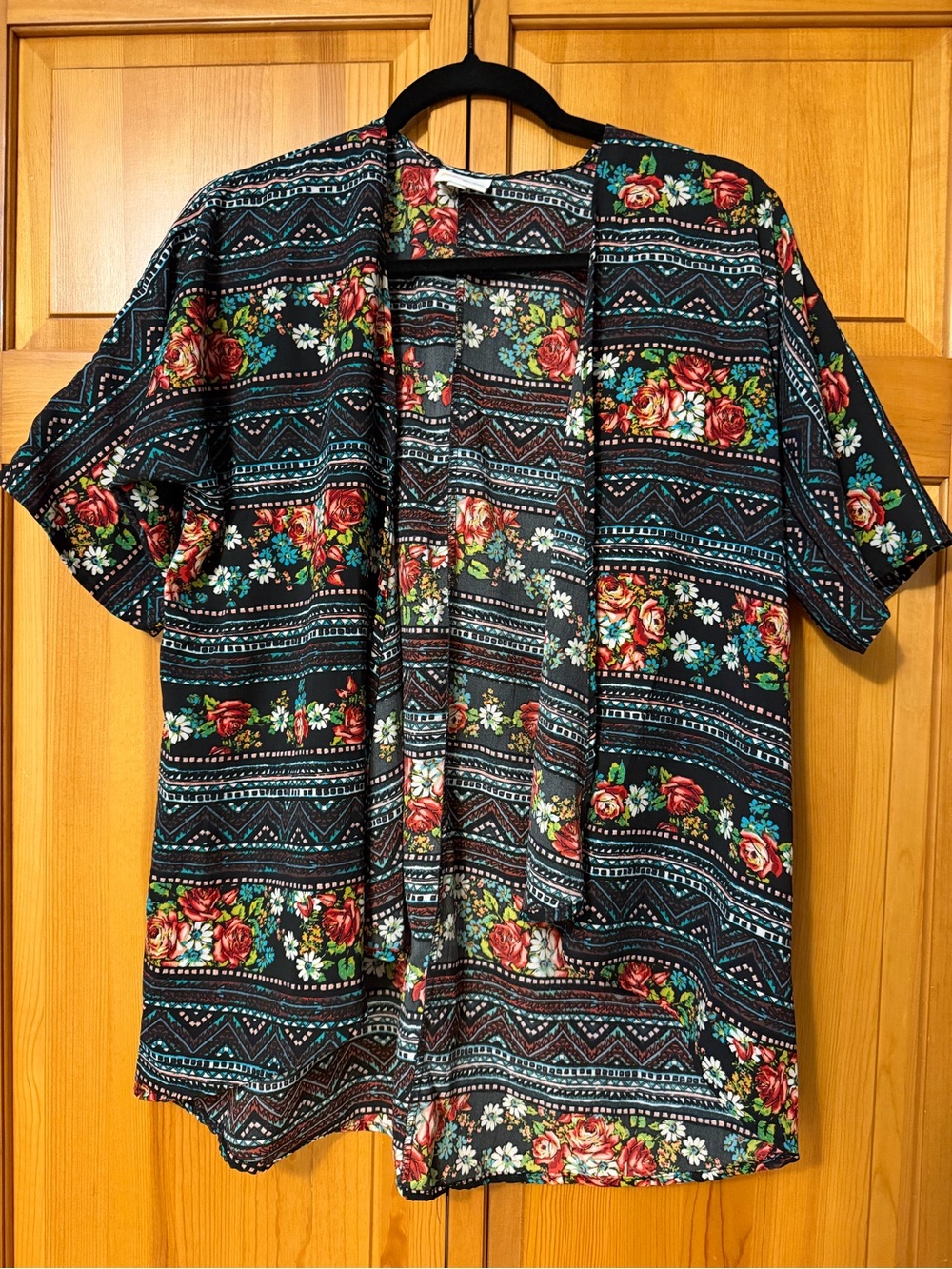 LuLaRoe Black Floral Open-Front Top with Red and Teal Accents